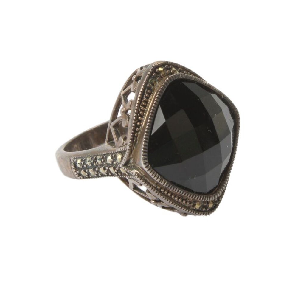 TGGC Womens 925 Silver Onyx + Marcasite Cocktail Ring Sz 7.5 10.1g